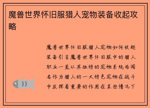 魔兽世界怀旧服猎人宠物装备收起攻略